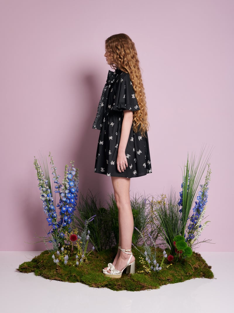 Black Bow Print Oversized Smock Mini Dress