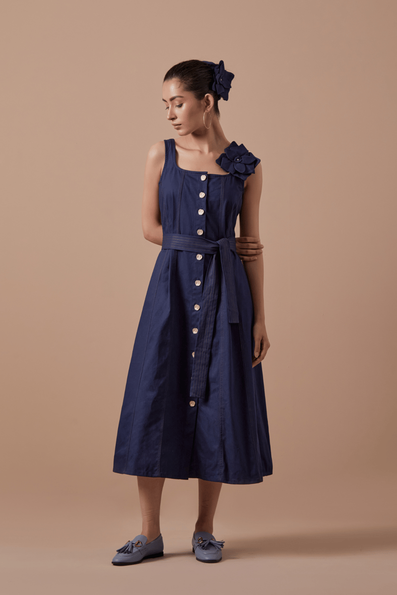 Navy Button-Front Belted Midi Dress with Flower Detail