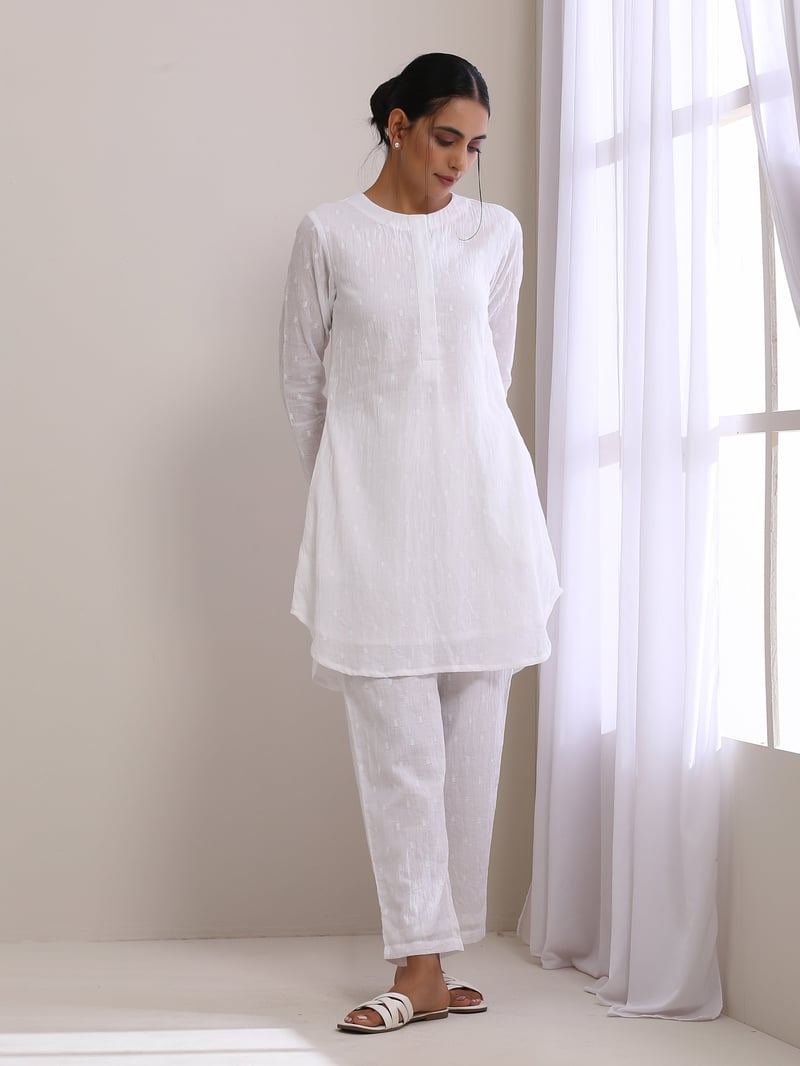 White Cotton Dobby Kurta and Pants Co-ord Set