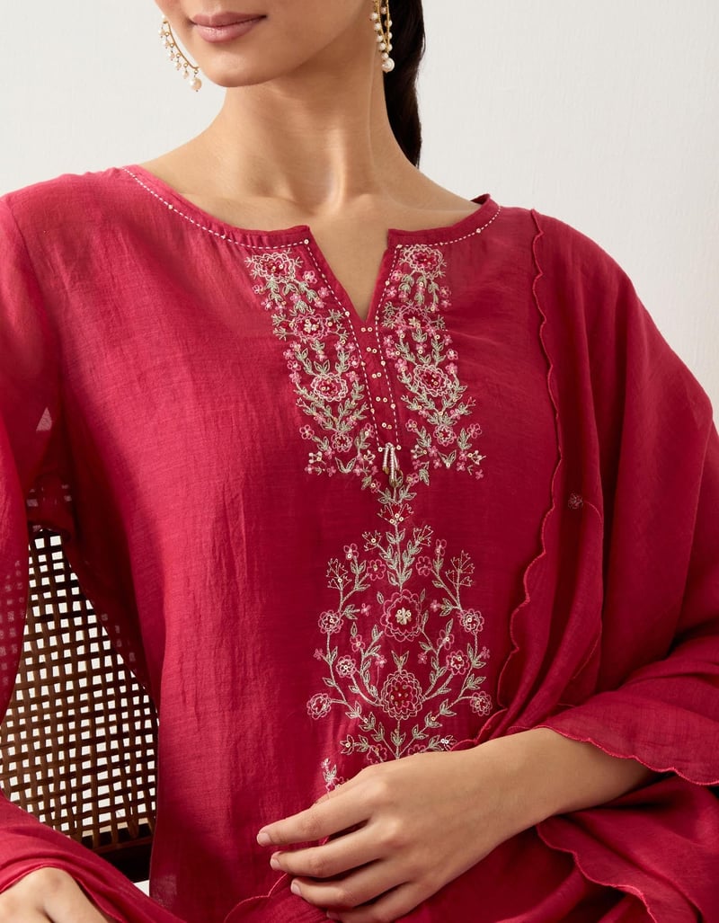 Deep Red Embroidered Straight Kurta Set with Pants