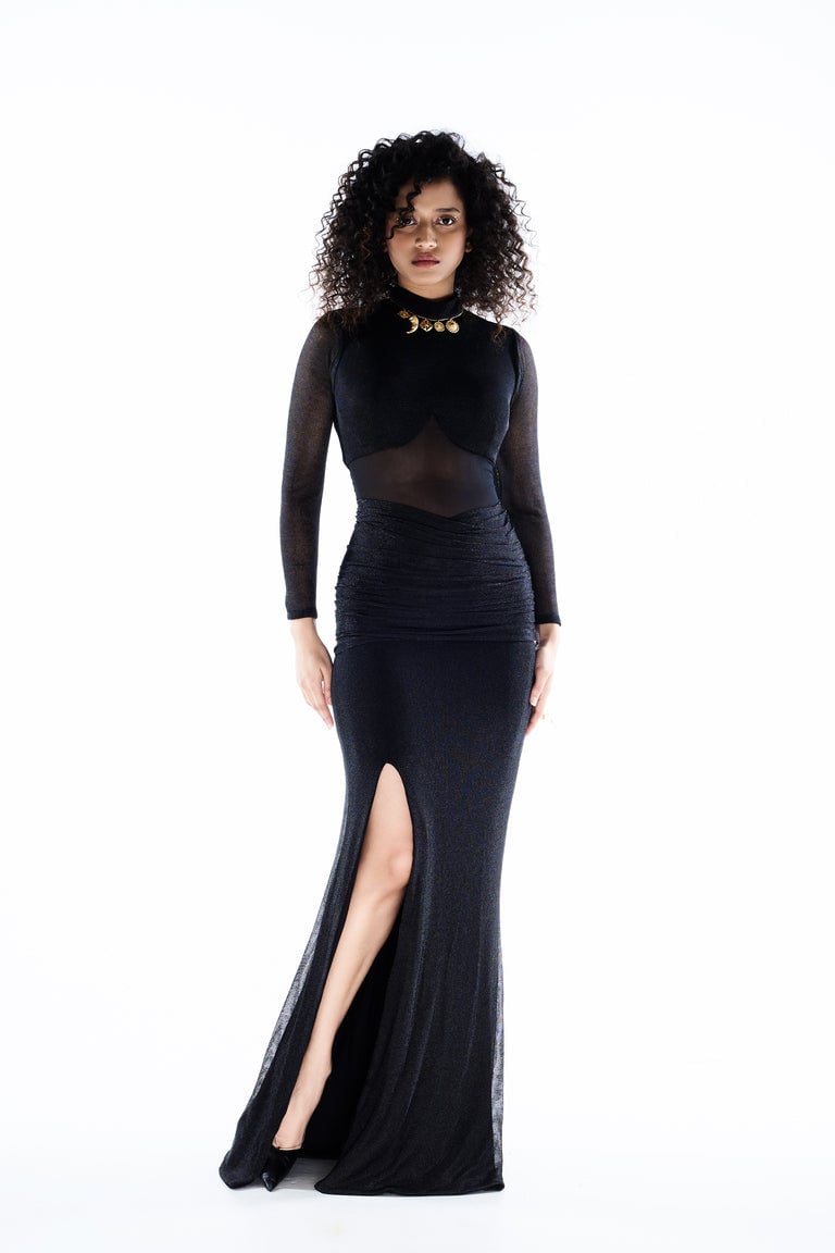 Black Shimmer Mesh Bodycon Maxi Dress with Sheer Midriff