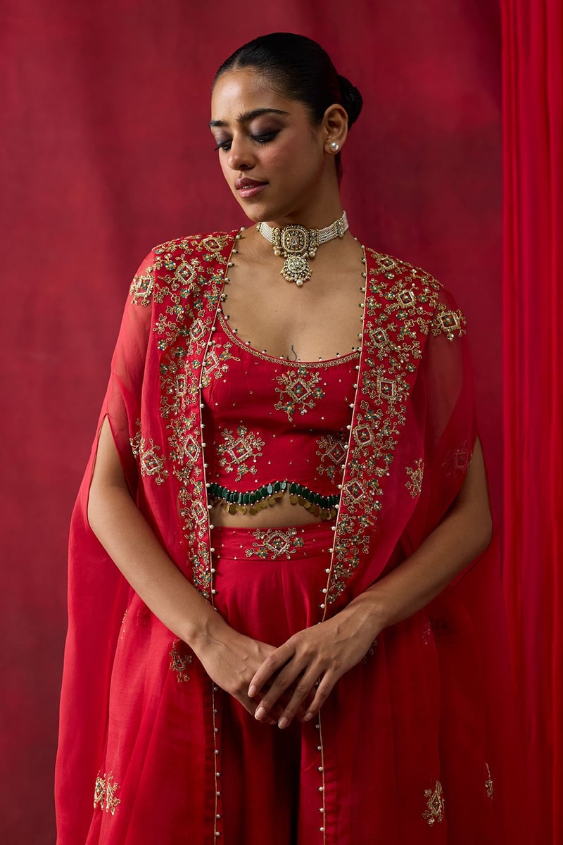 Red Embroidered Cape, Blouse and Sharara Co-ord Set