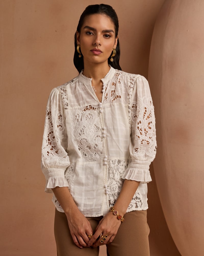 White Cotton Lace Insert Mandarin Collar Top — Style Island