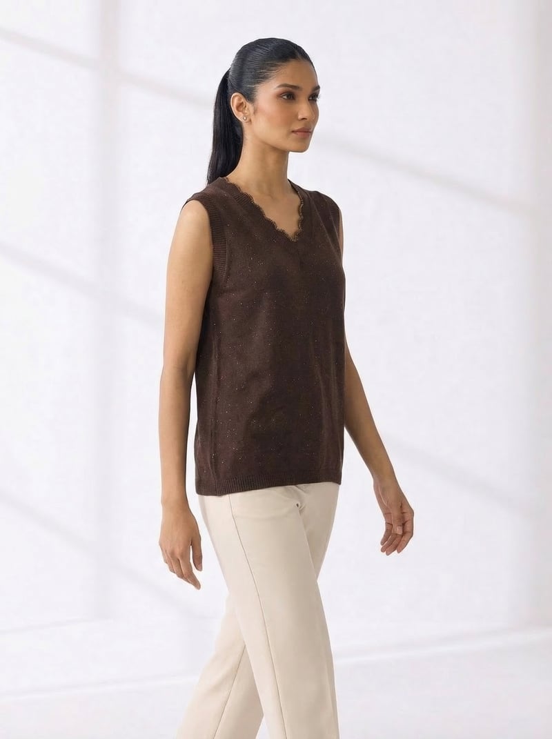Brown V-Neck Sweater Vest with Scalloped Neckline