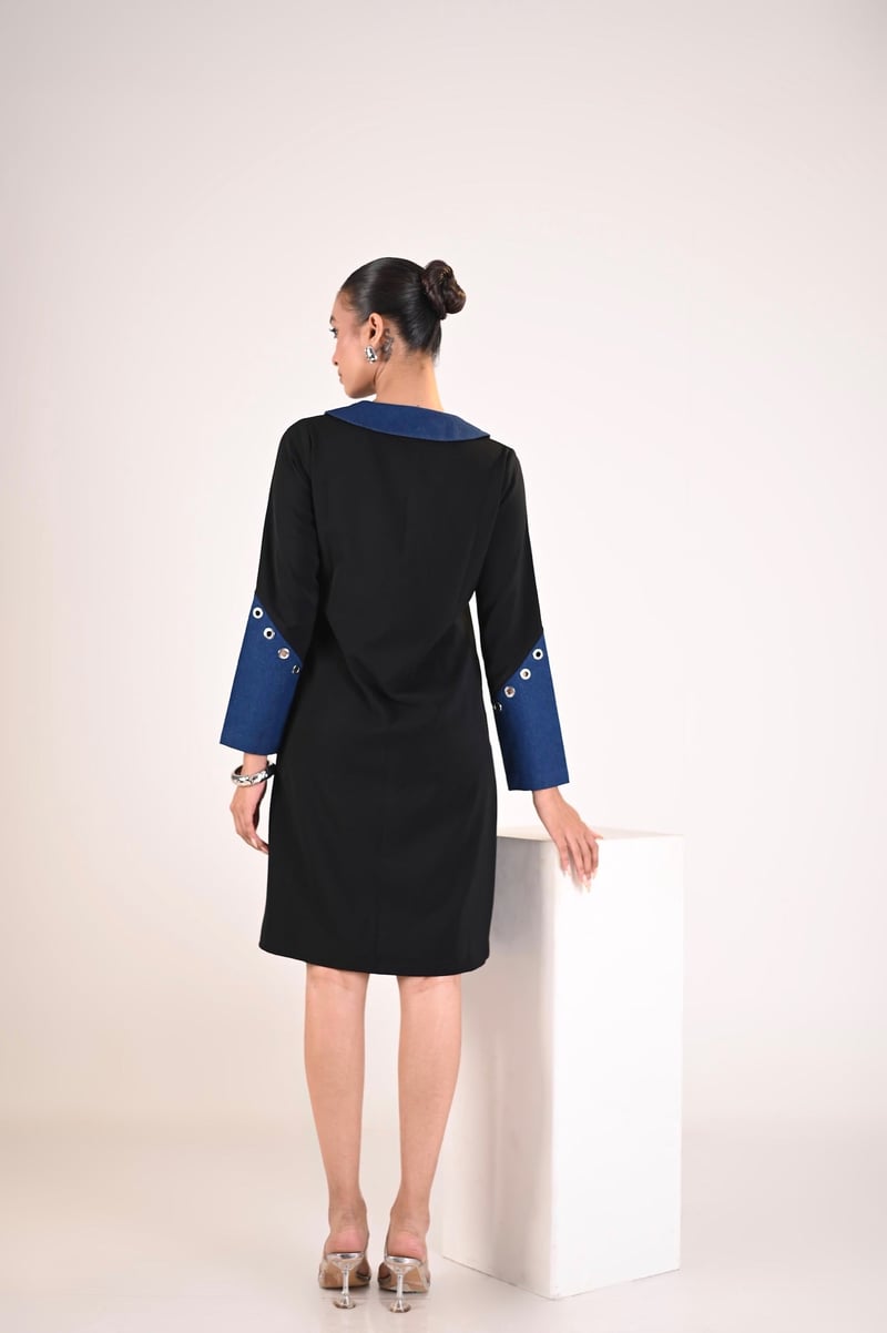 Black and Indigo Colorblock Zip-Front Knee-Length Dress