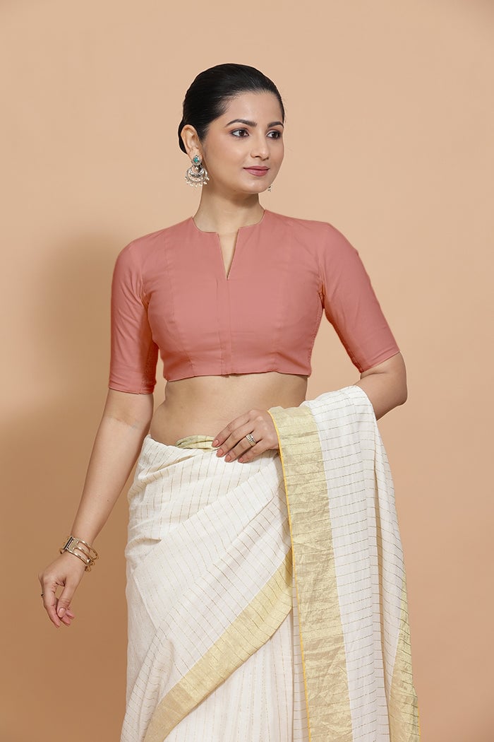 Soft Peach Cotton Round Neck Elbow Sleeve Saree Blouse