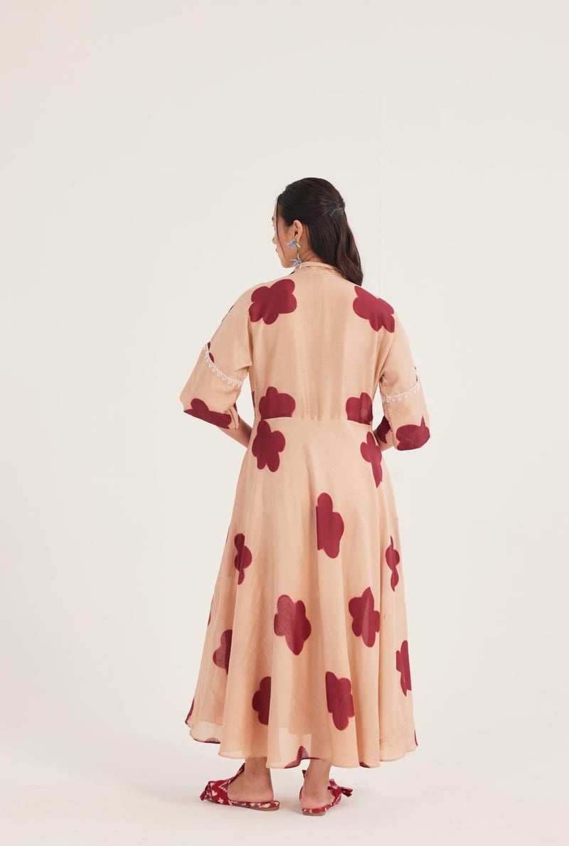 Beige Printed Chanderi Maxi Dress with Tie Belt
