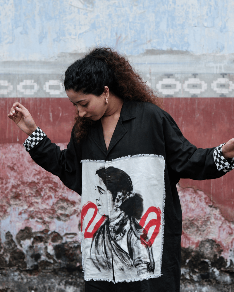 Black Linen-Cotton Midi Shirt Dress with Graphic Panel