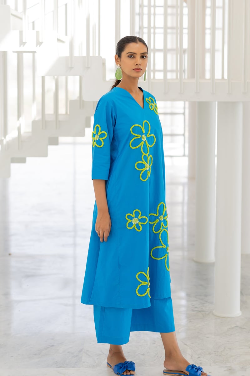 Blue Floral Cord-Embroidered Kurta Set with Pants