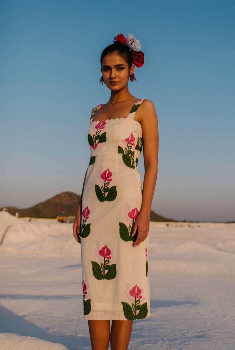 White Pink Floral Square Neck Sheath Midi Dress