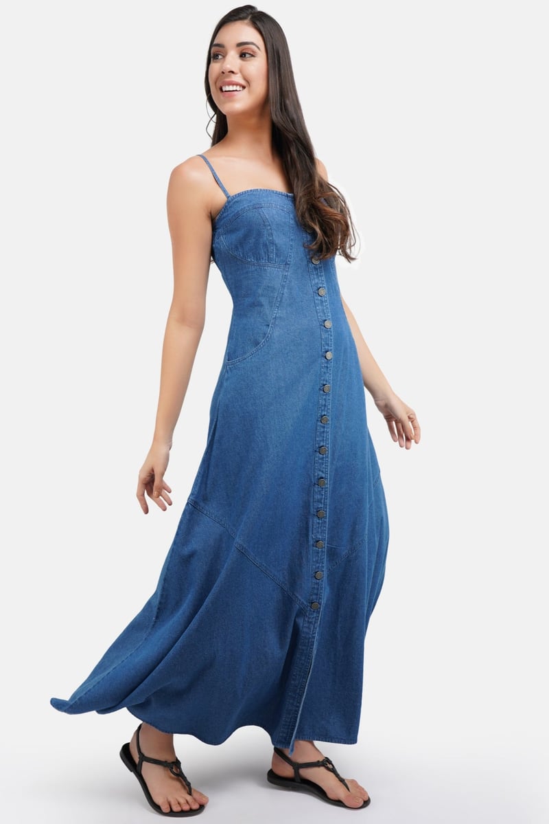 Blue Denim Button-Down A-Line Maxi Dress
