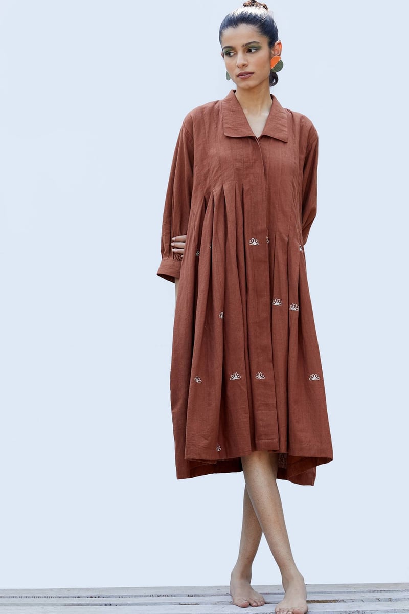 Cinnamon Khadi Pleated Midi Shirt Dress