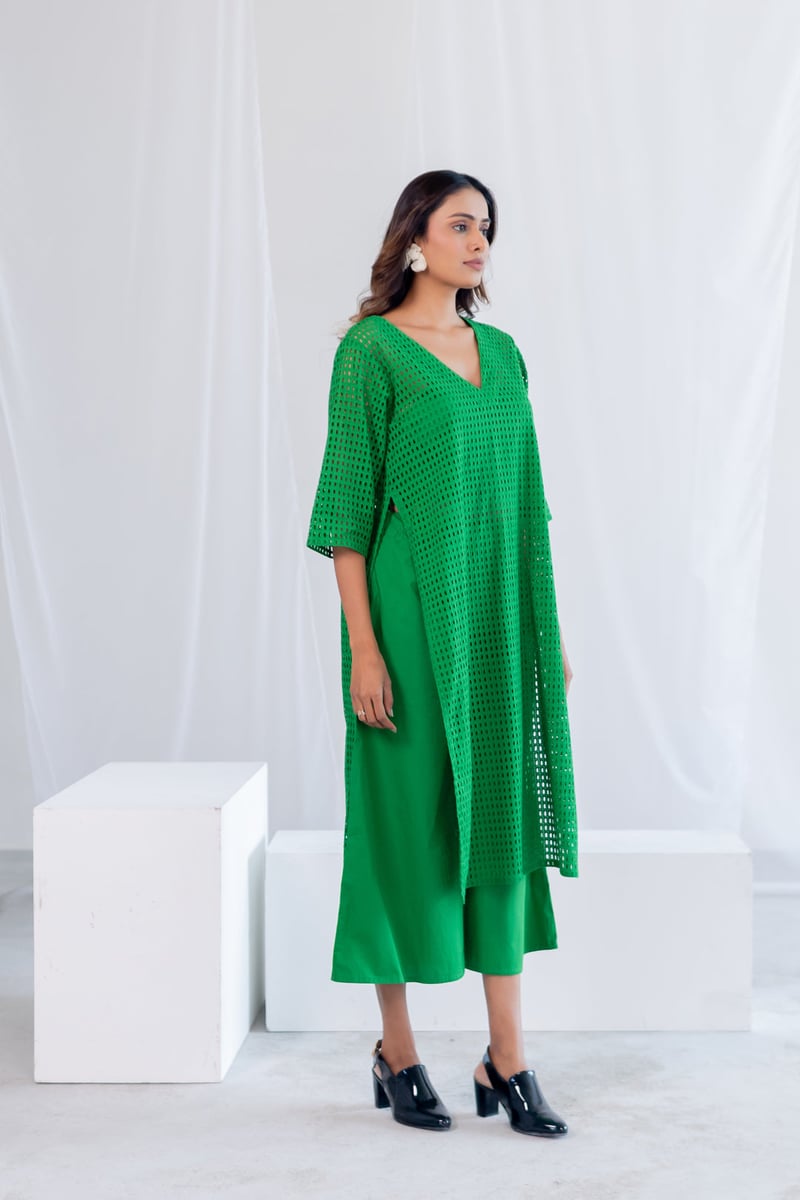 Emerald Green Schiffli Cutwork Kurta Set with Pants — Silai studio