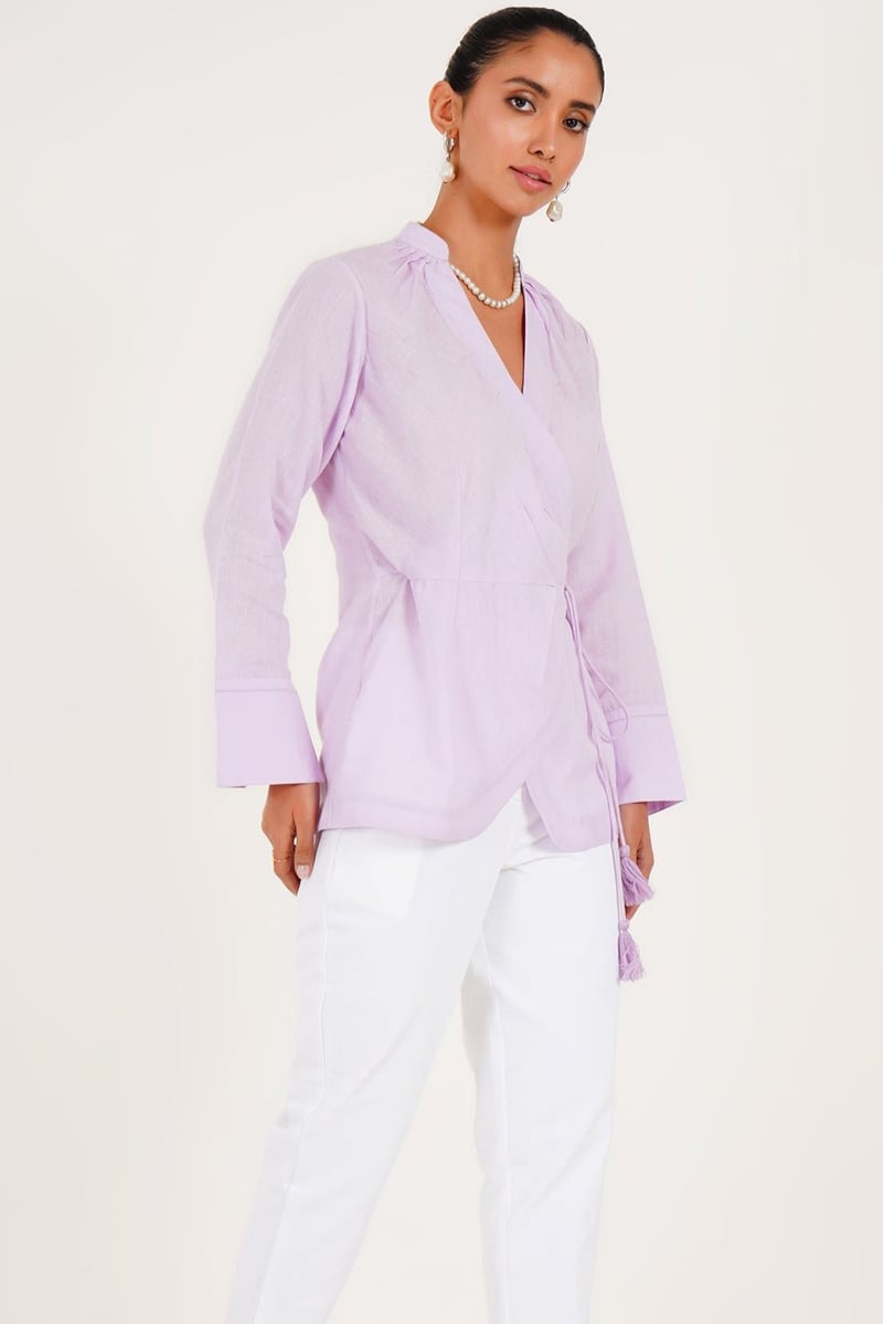 Lilac Wrap Pleated Top with Side Tassel Tie
