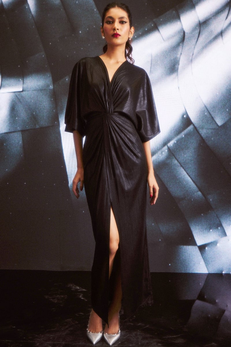 Black Lamé Draped Maxi Gown with V-Neck and Front Slit — Dash and Dot