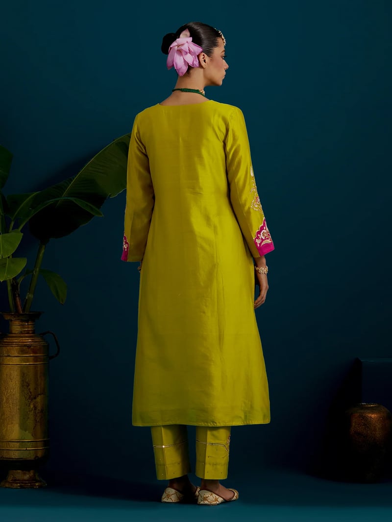 Lime Green Embroidered Yoke Kurta Set with Pants