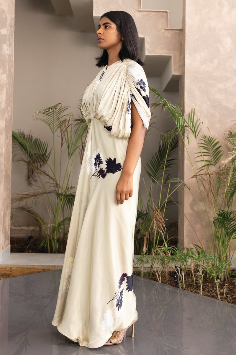 Ivory Floral Print Draped Maxi Gown