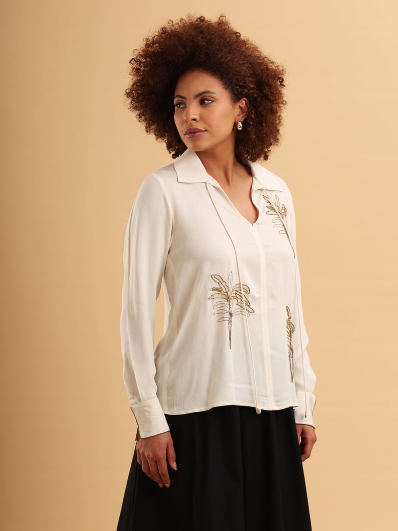 Off-White Embellished Georgette Shirt-Style Top