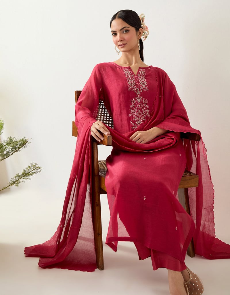 Deep Red Embroidered Straight Kurta Set with Pants