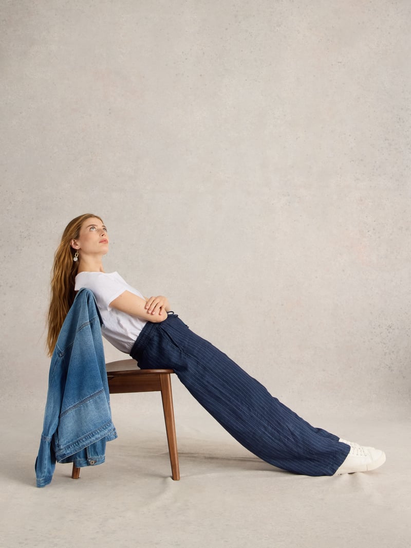 Navy Pinstripe Linen Wide-Leg Trousers