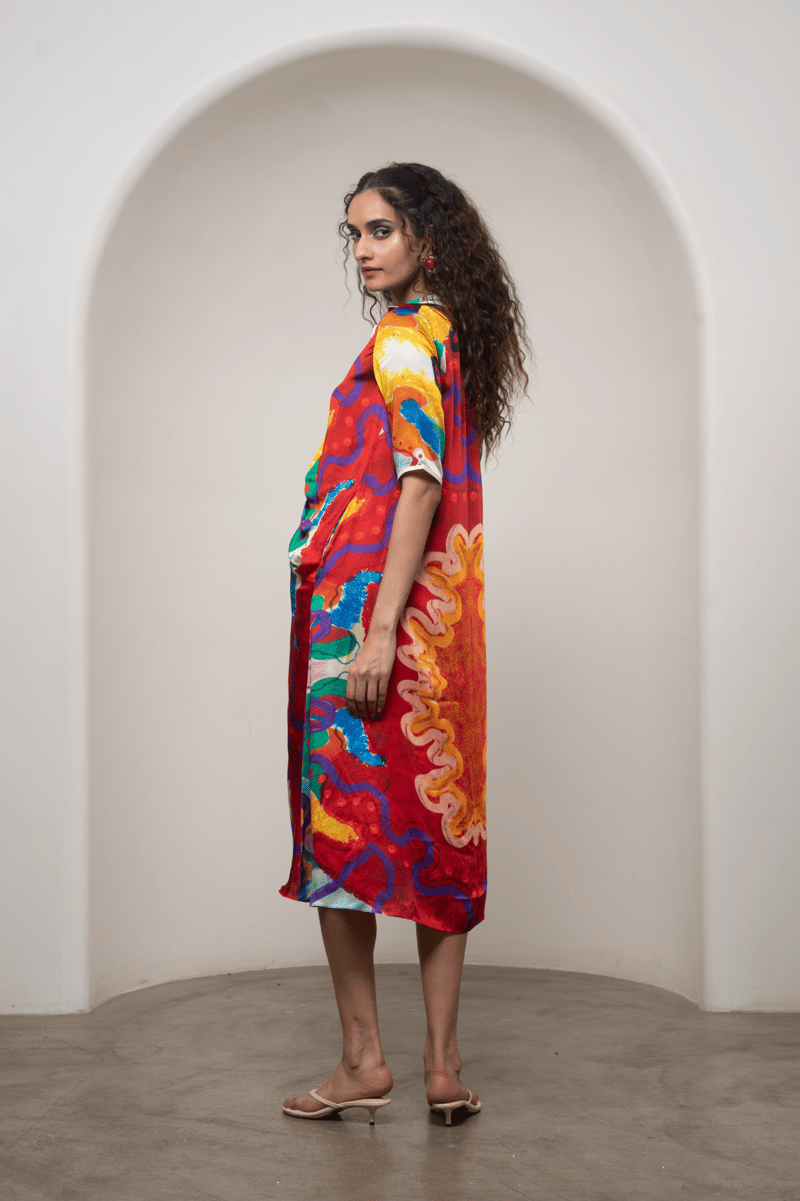 Multicolor Abstract Print Draped Midi Shirt Dress