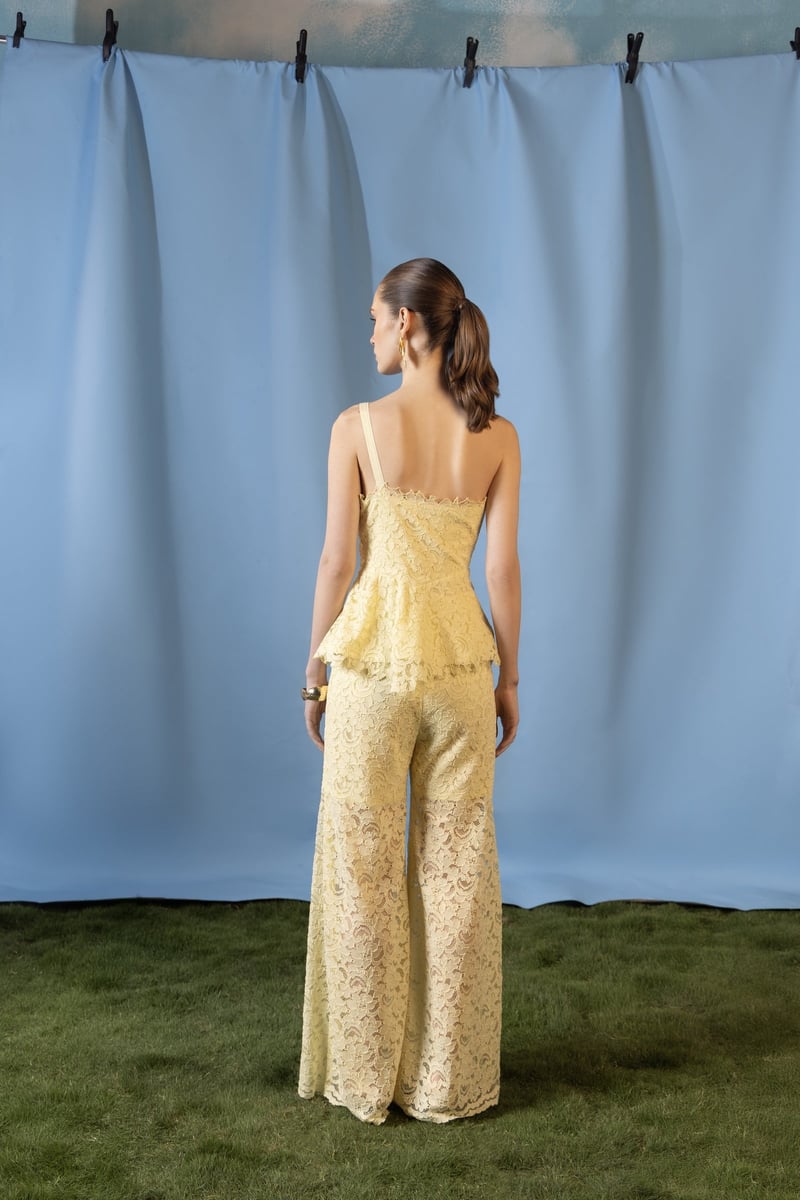 Butter Yellow One-Shoulder Lace Co-ord Set