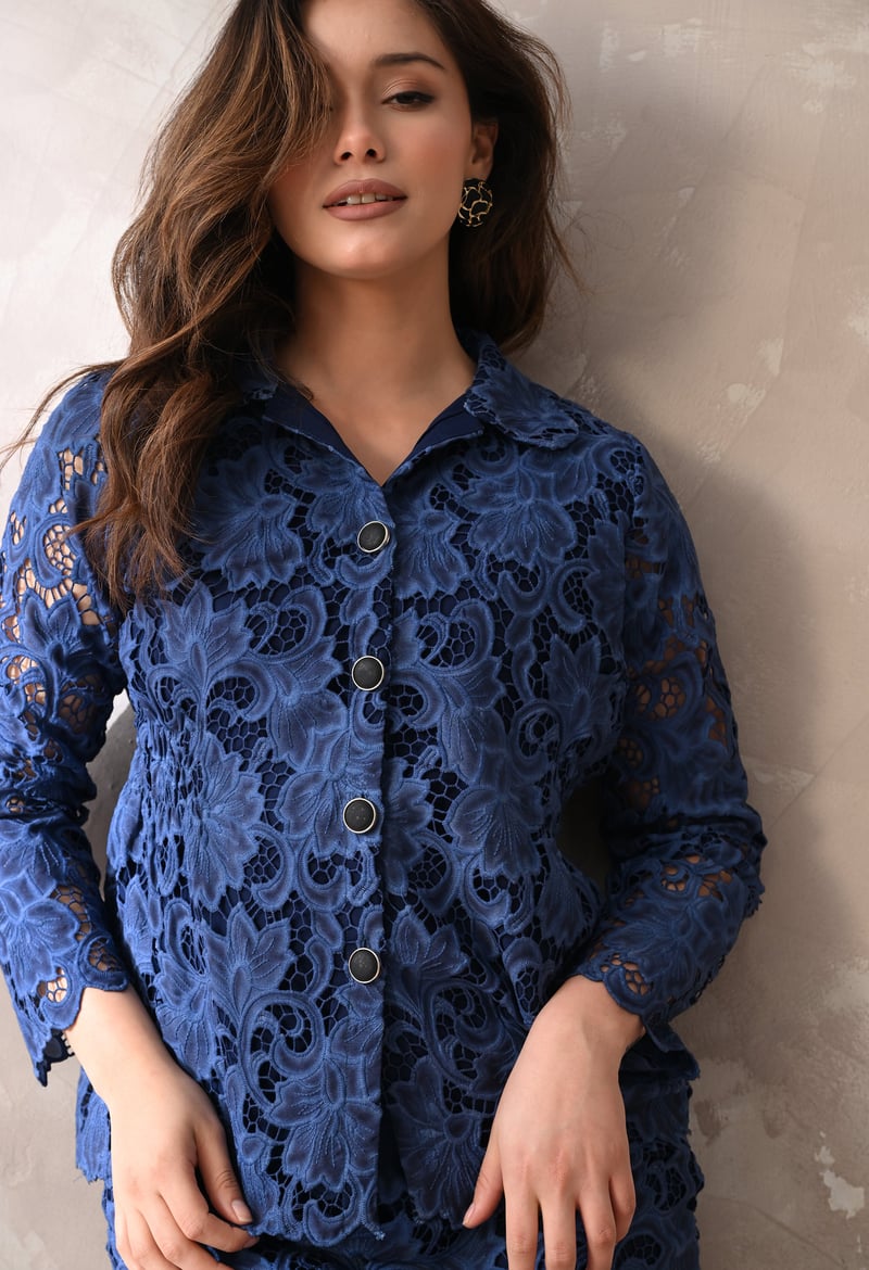 Midnight Blue Lace Shirt and Knee-Length Skirt Co-ord Set