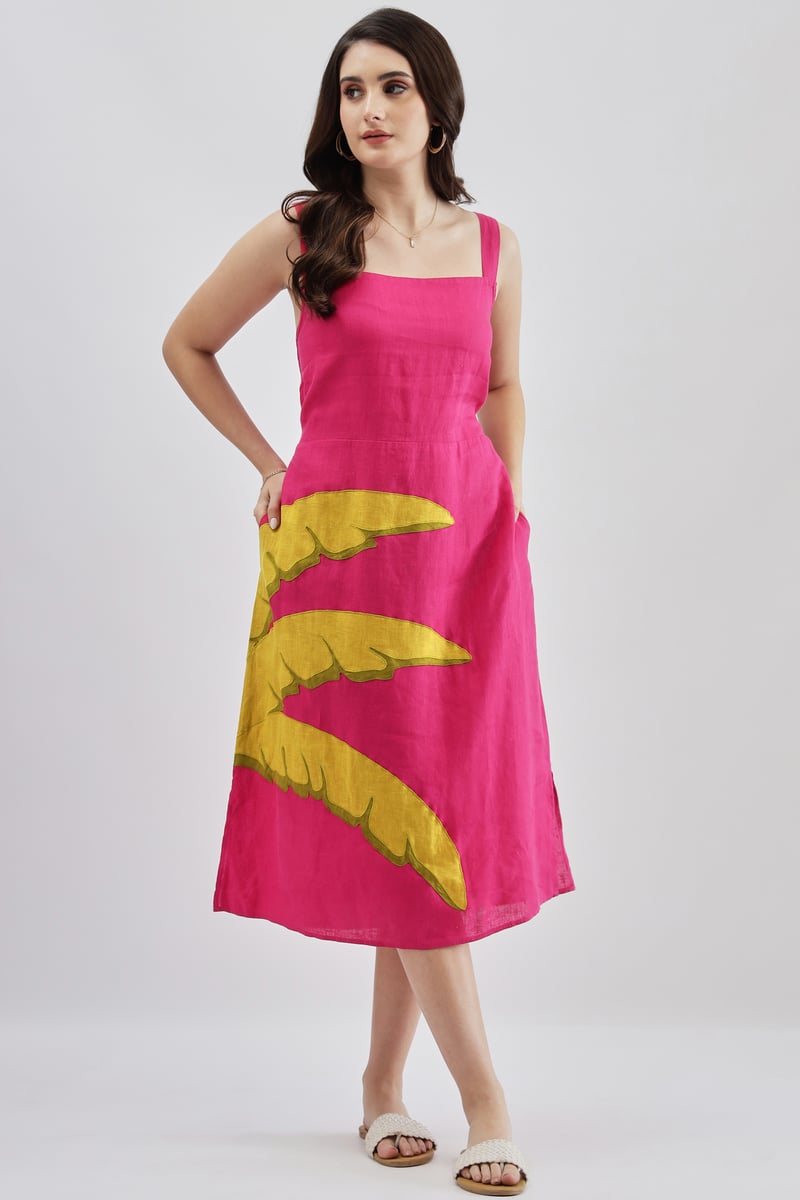 Fuschia Linen Square Neck A-Line Midi Dress