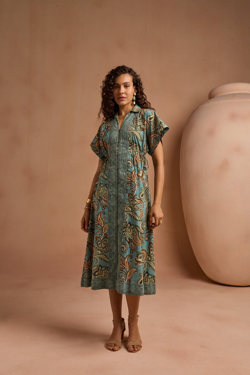 Blue Paisley Print Midi Shirt Dress with Waist Ties