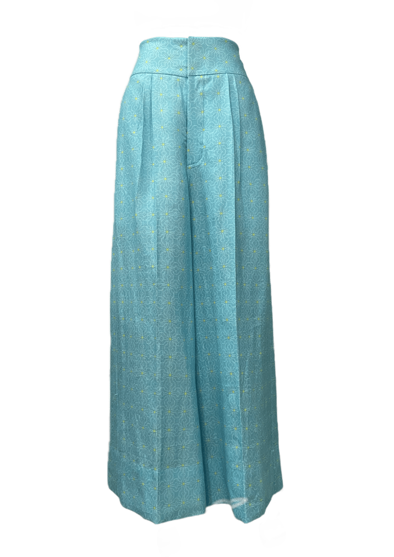 Pastel Blue Printed High-Waist Wide-Leg Linen Trousers