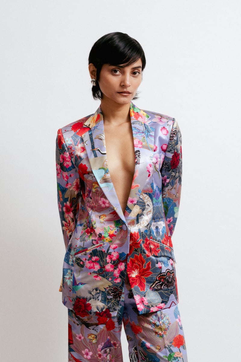 Multicolor Satin-Like Printed Tailored Jacket
