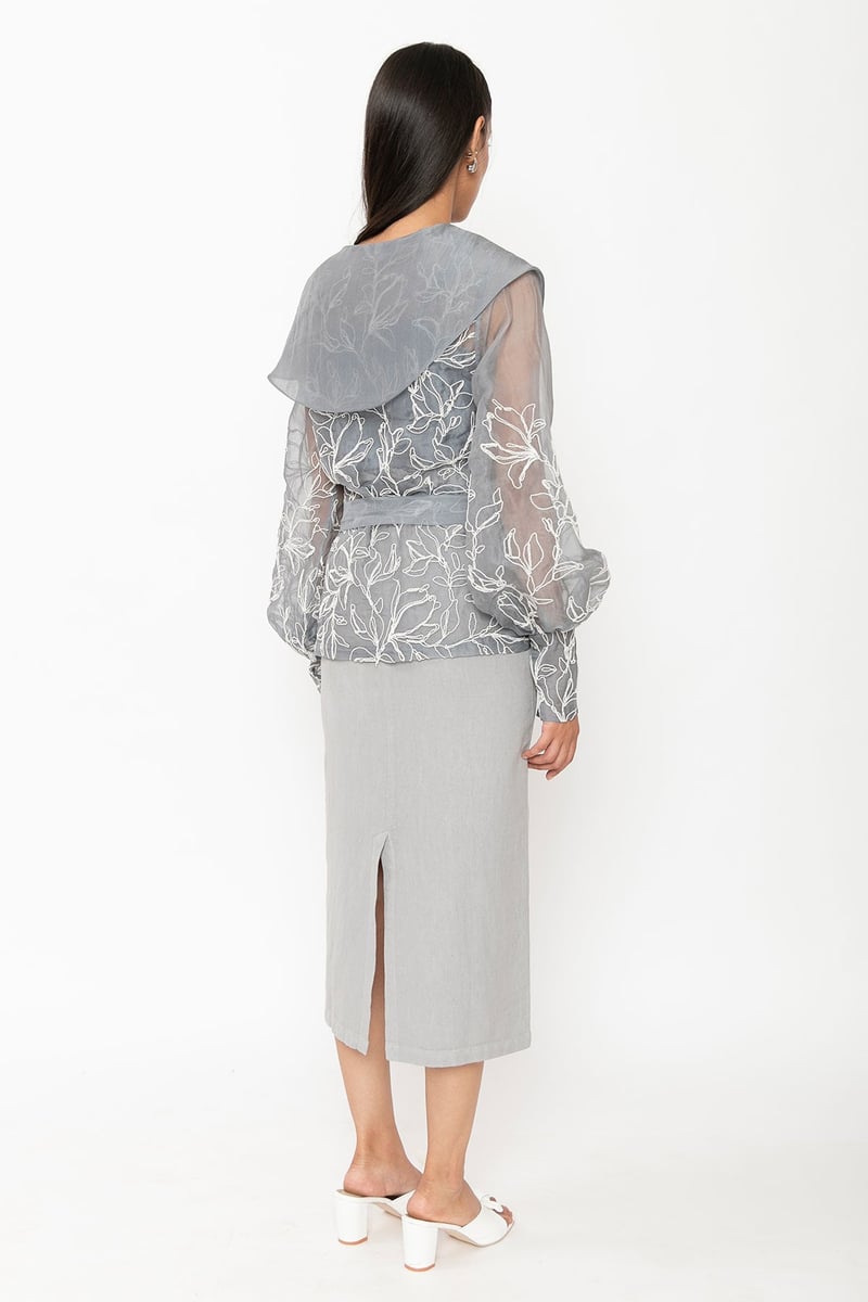 Grey Silk Organza Wrap Top with Embroidered Sleeves