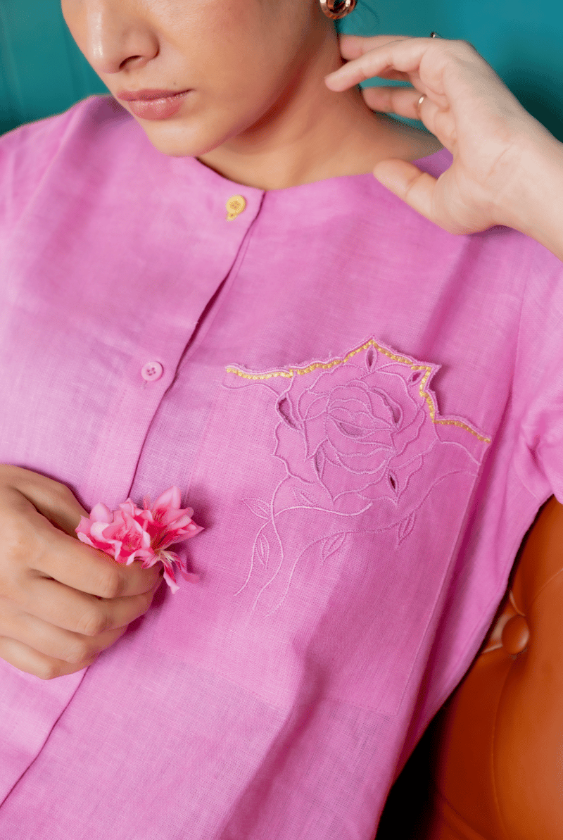 Purple Linen Straight Kurta Set with Floral Cutwork