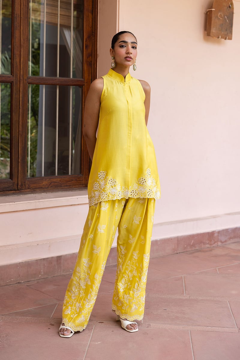 Yellow Cutwork Embroidered Tunic and Farshi Pants Co-ord Set