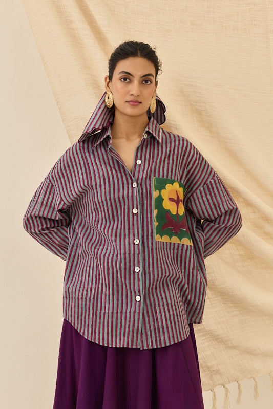 Maroon and Grey Striped Oversized Button-Down Shirt