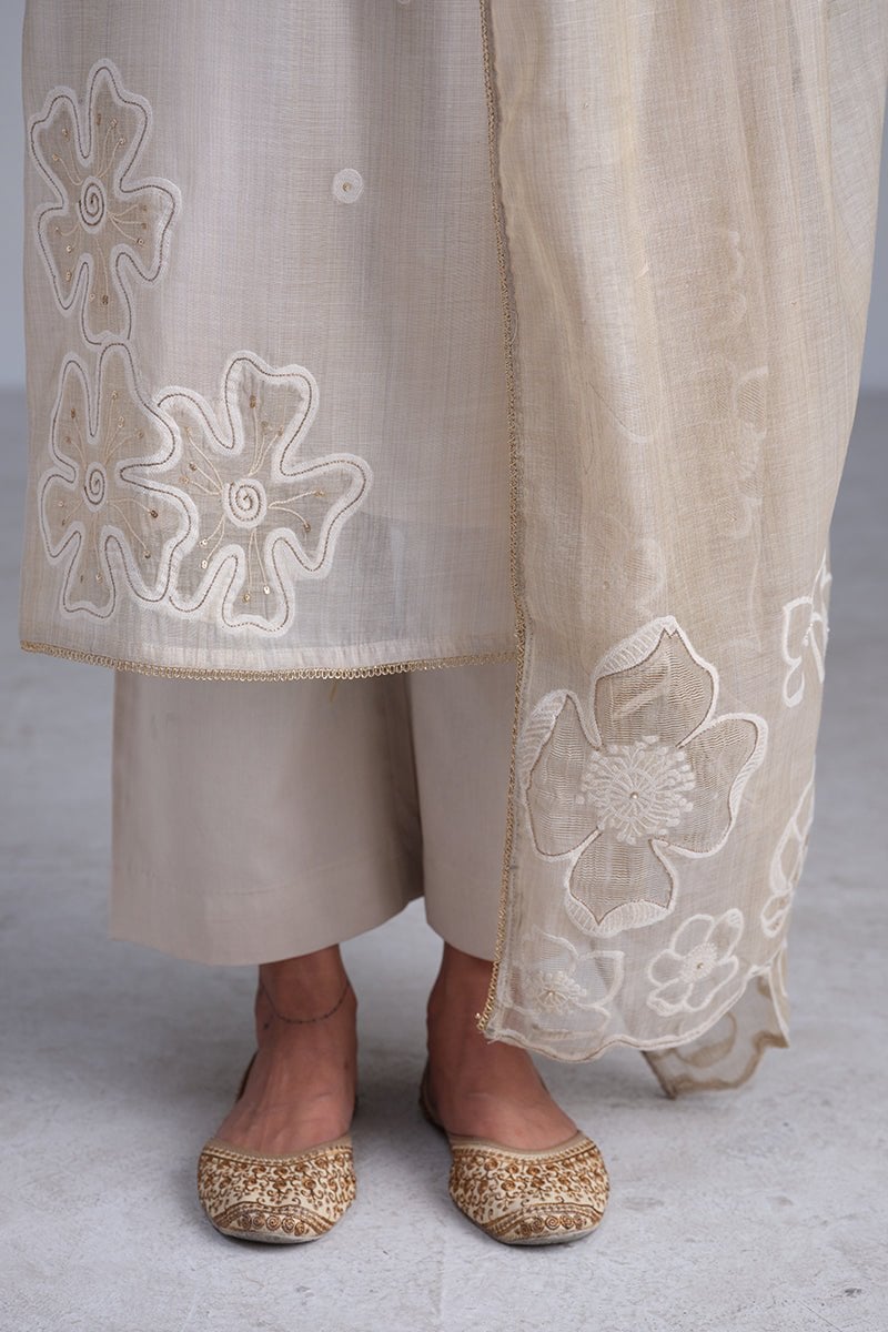 Fog Beige Straight Kurta Set with Handwork and Dupatta