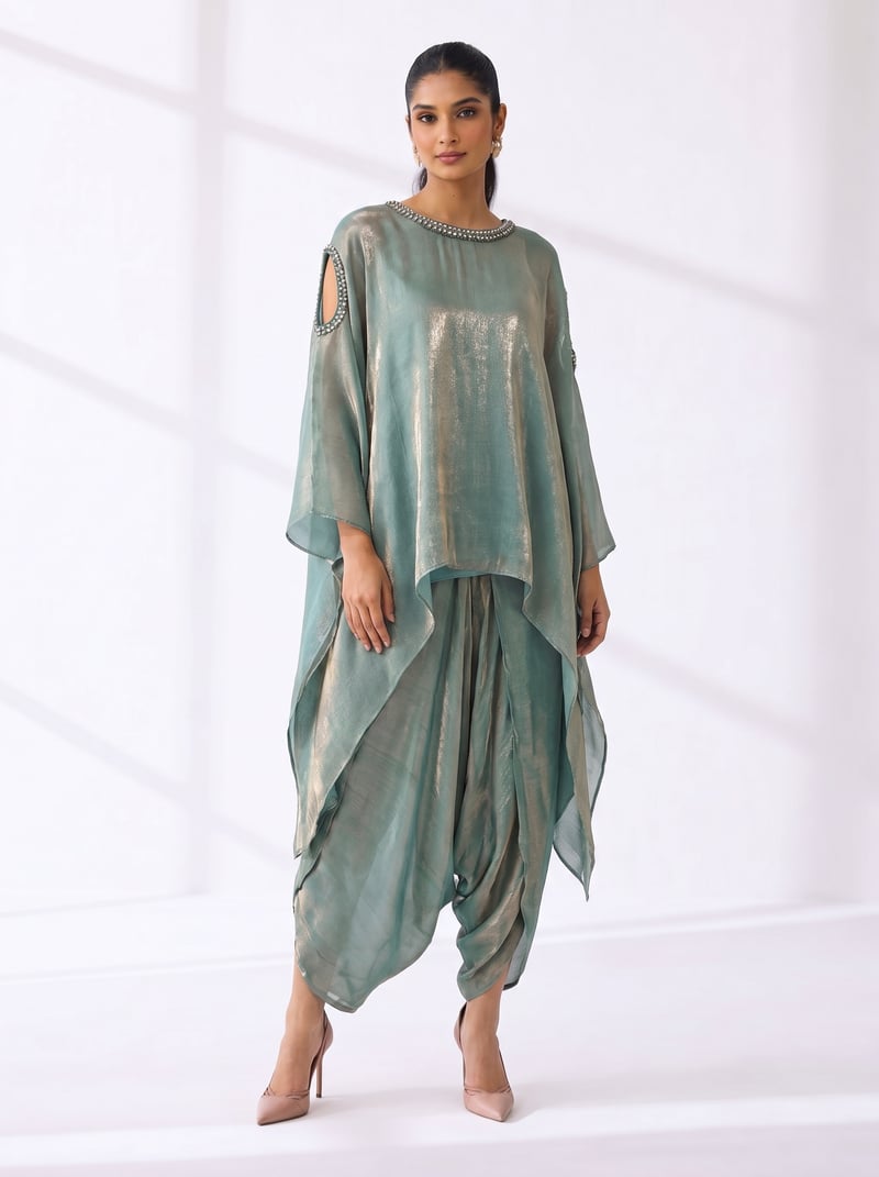 Metallic Green Kaftan and Dhoti Co-ord Set — PREETI MEHTA