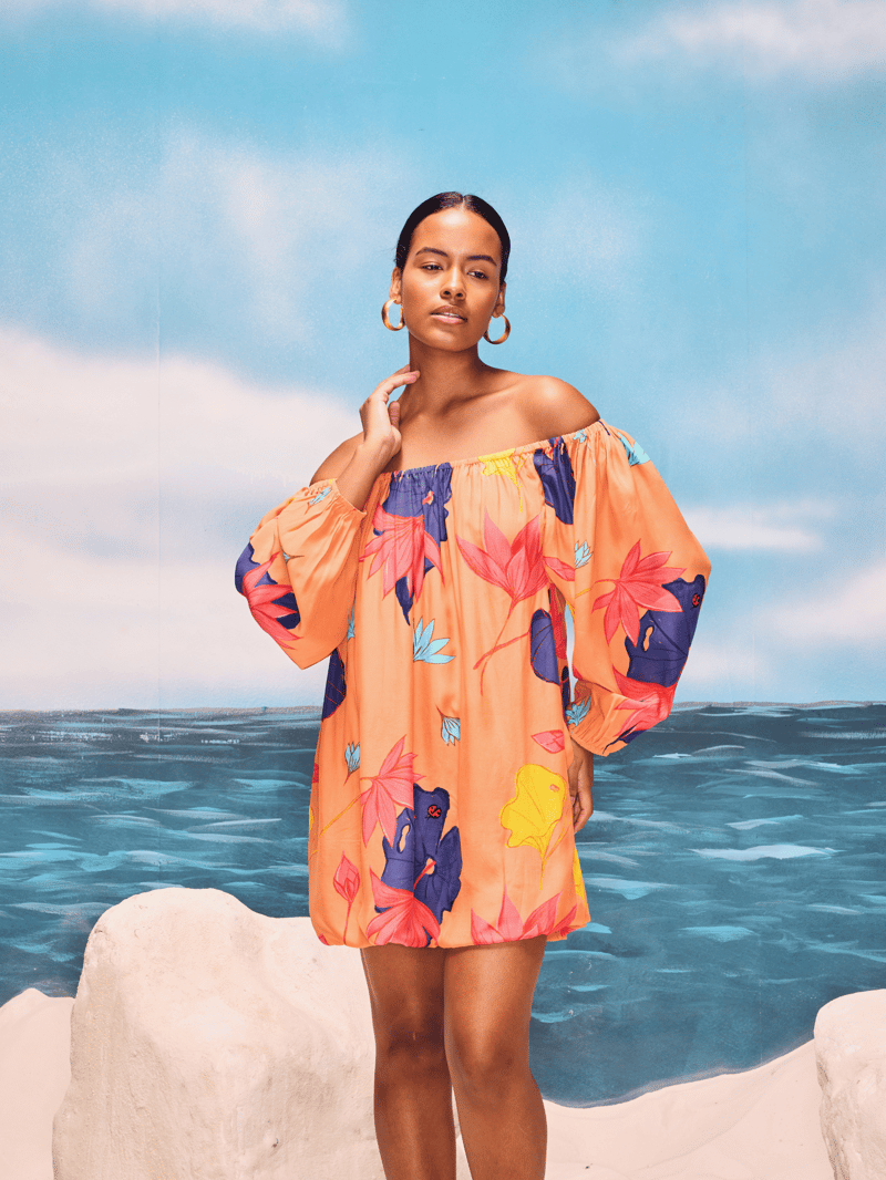 Peach Off-Shoulder Floral Bubble Mini Dress