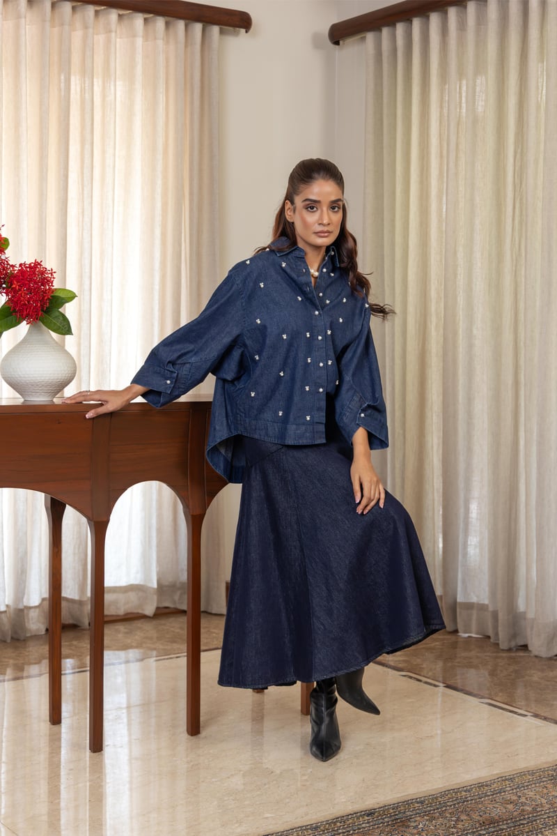 Dark Blue Denim Boxy Shirt with Pearl Accents