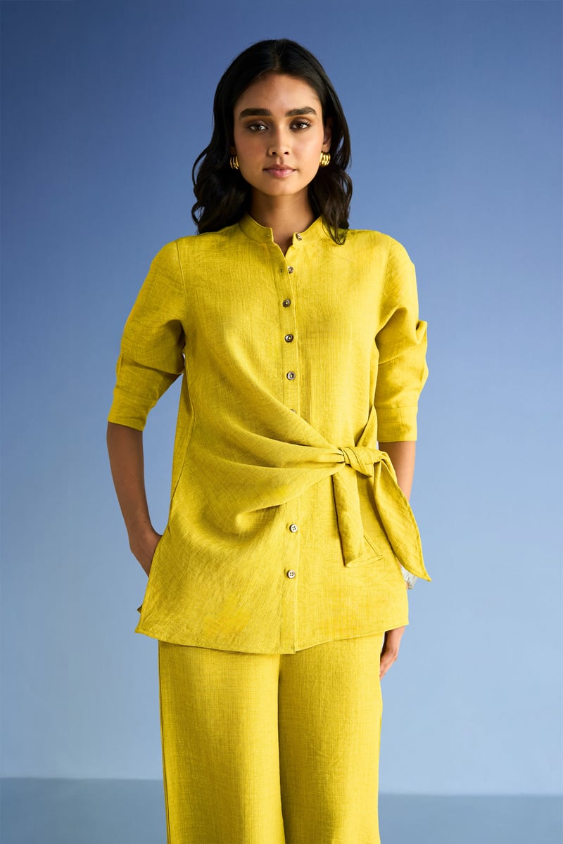 Chartreuse Linen-Blend Side-Tie Button-Down Longline Top