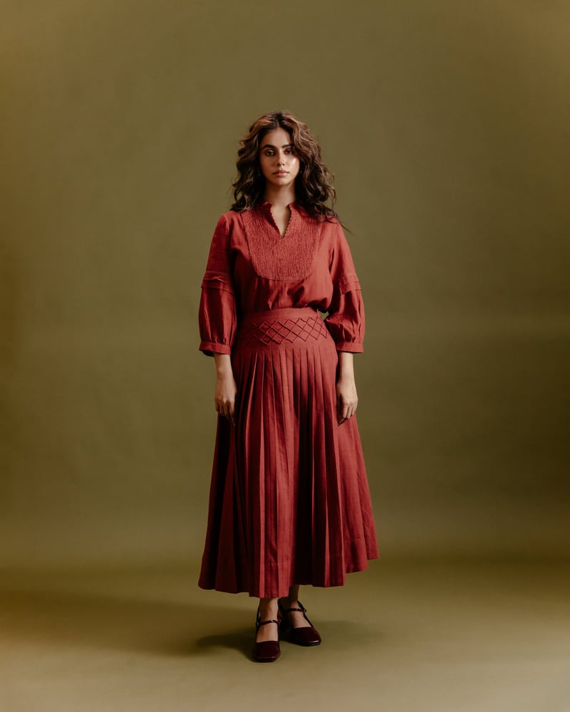 Rust Handloom Khadi Pleated Midi Skirt — SUBBAH