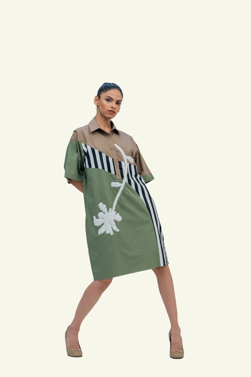 Olive Combo Cotton Dress with Embroidery