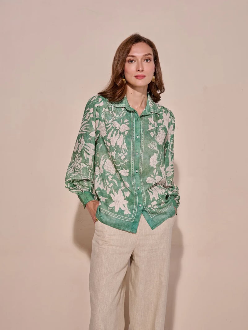 Green Floral Printed Button-Down Shirt