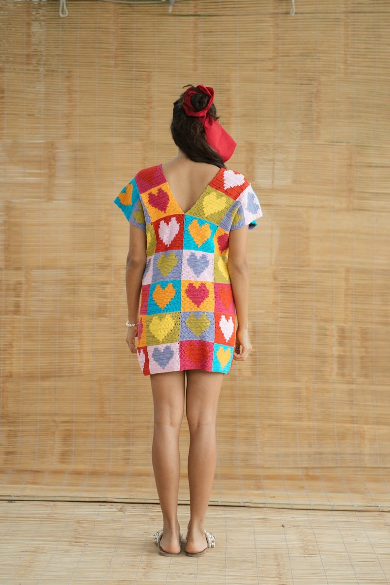 Multicolour Crochet Colorblock Heart Mini Dress with Tie-Up