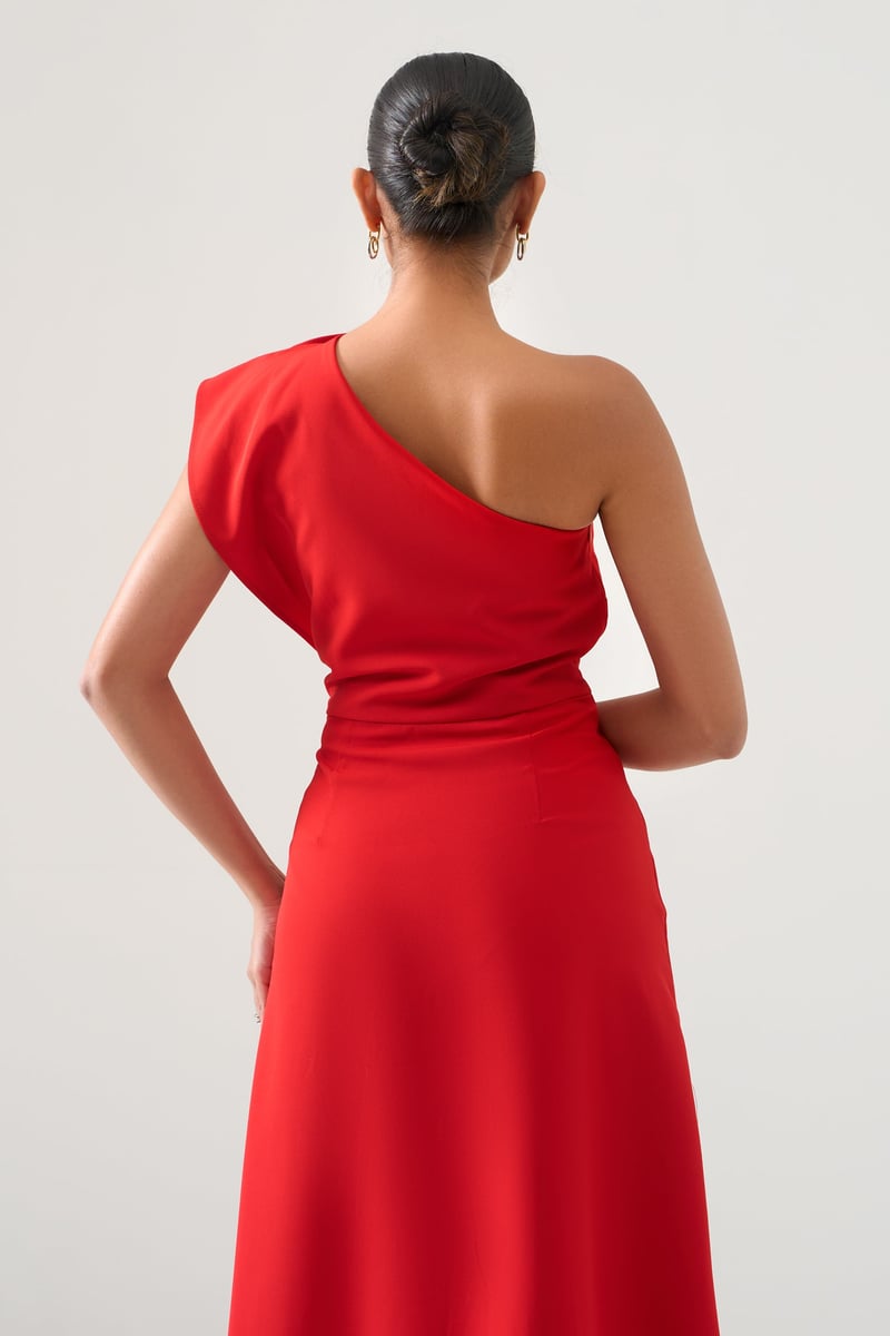 Red One-Shoulder Midi Dress with Rosette Detail