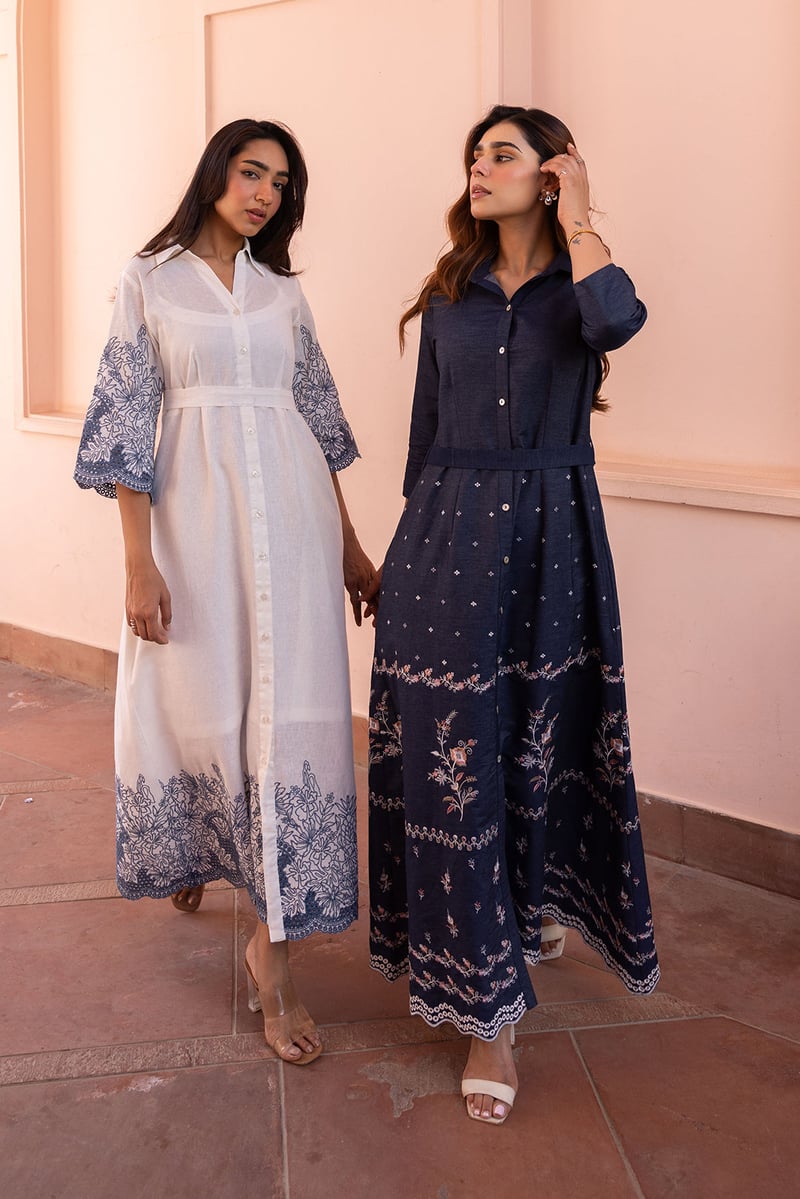 White Maxi Shirt Dress with Blue Embroidery and Cutwork