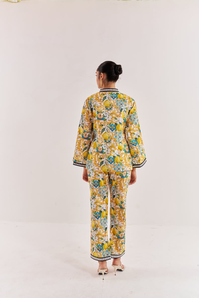White and Yellow Lemon Print Co-ord Set with Mandarin Collar