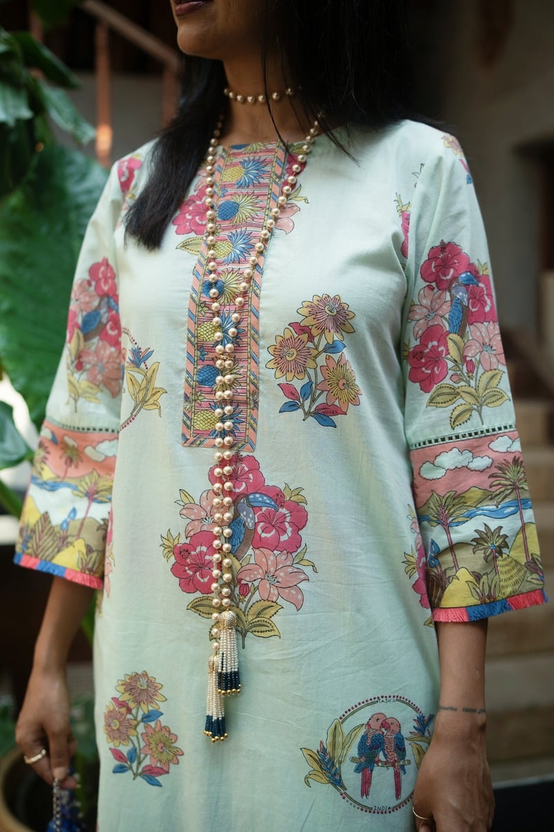 Cool Mint Tropical Print Straight Kurta Set with Pants