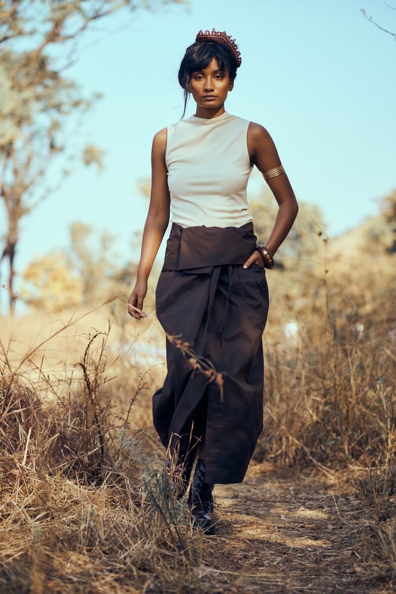 Dark Brown Cotton Twill Wrap Midi Skirt with Tie Waist