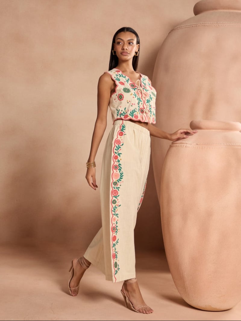Cream Embroidered Tie-Up Crop Top